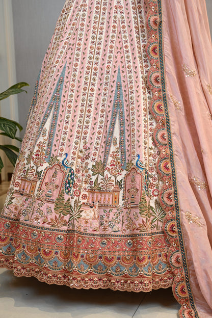 Crafted In Luxurious Dupion Silk Peach Dupion  Lehenga Set