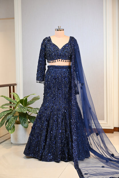 Elegant Navy Blue Fish-Cut Lehenga Crafted In Delicate Net