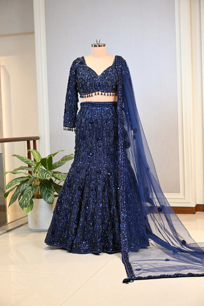 Elegant Navy Blue Fish-Cut Lehenga Crafted In Delicate Net
