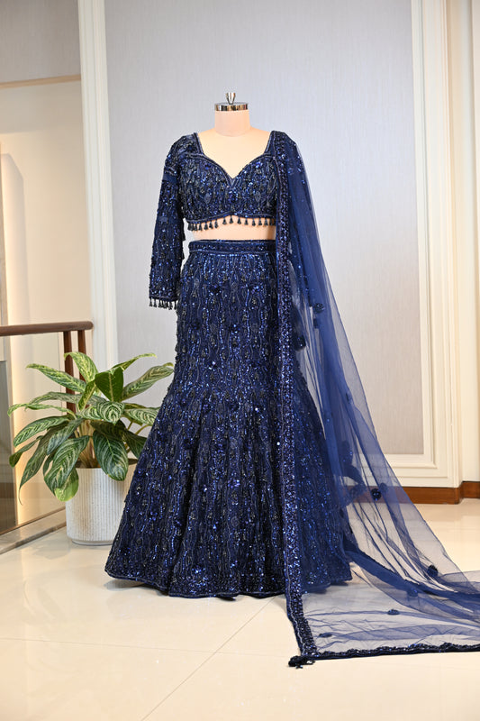 Elegant Navy Blue Fish-Cut Lehenga Crafted In Delicate Net