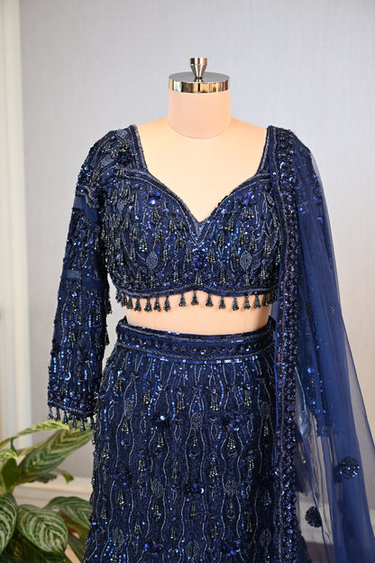 Elegant Navy Blue Fish-Cut Lehenga Crafted In Delicate Net