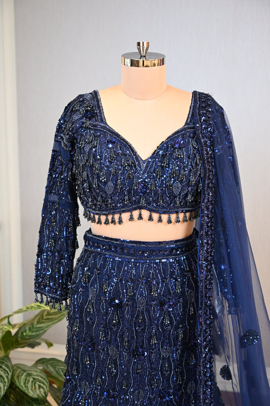 Elegant Navy Blue Fish-Cut Lehenga Crafted In Delicate Net