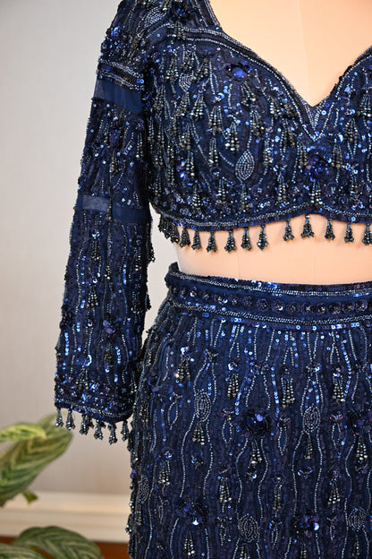 Elegant Navy Blue Fish-Cut Lehenga Crafted In Delicate Net