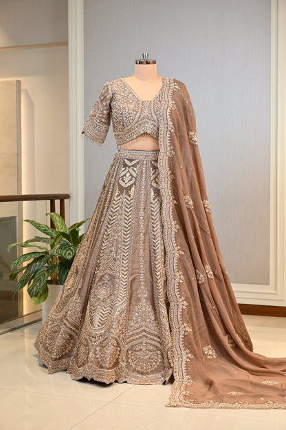 Crafted In Luxurious Bansari Silk Dusty Brown Lehenga Set