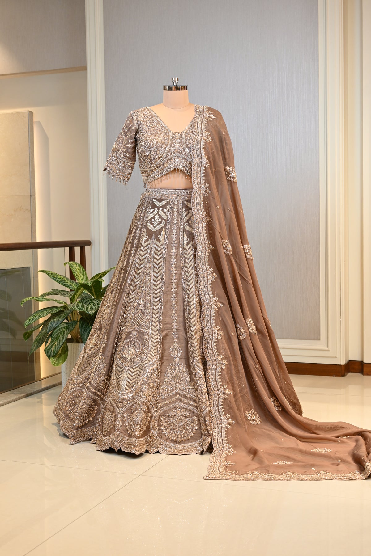 Crafted In Luxurious Bansari Silk Dusty Brown Lehenga Set