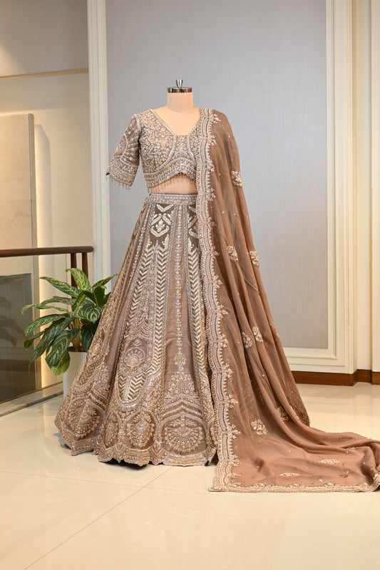 Crafted In Luxurious Bansari Silk Dusty Brown Lehenga Set
