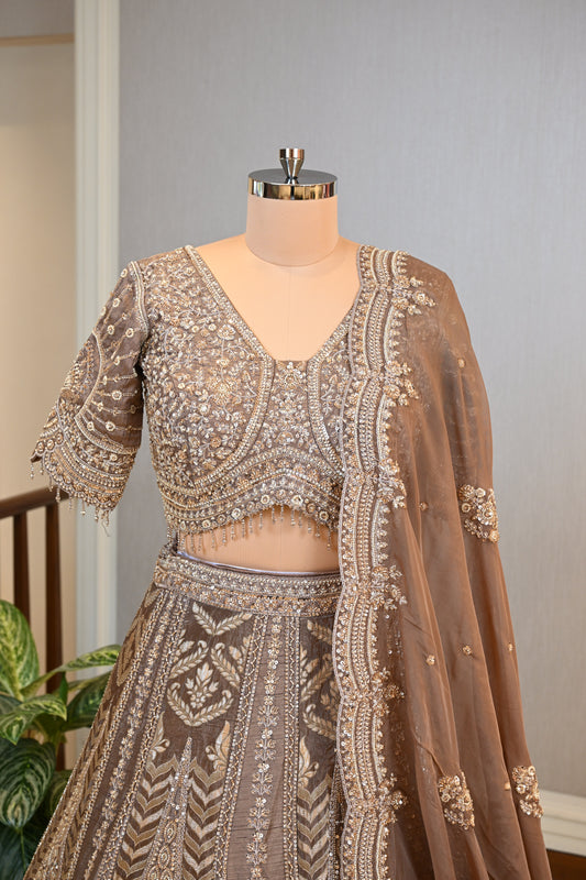 Crafted In Luxurious Bansari Silk Dusty Brown Lehenga Set