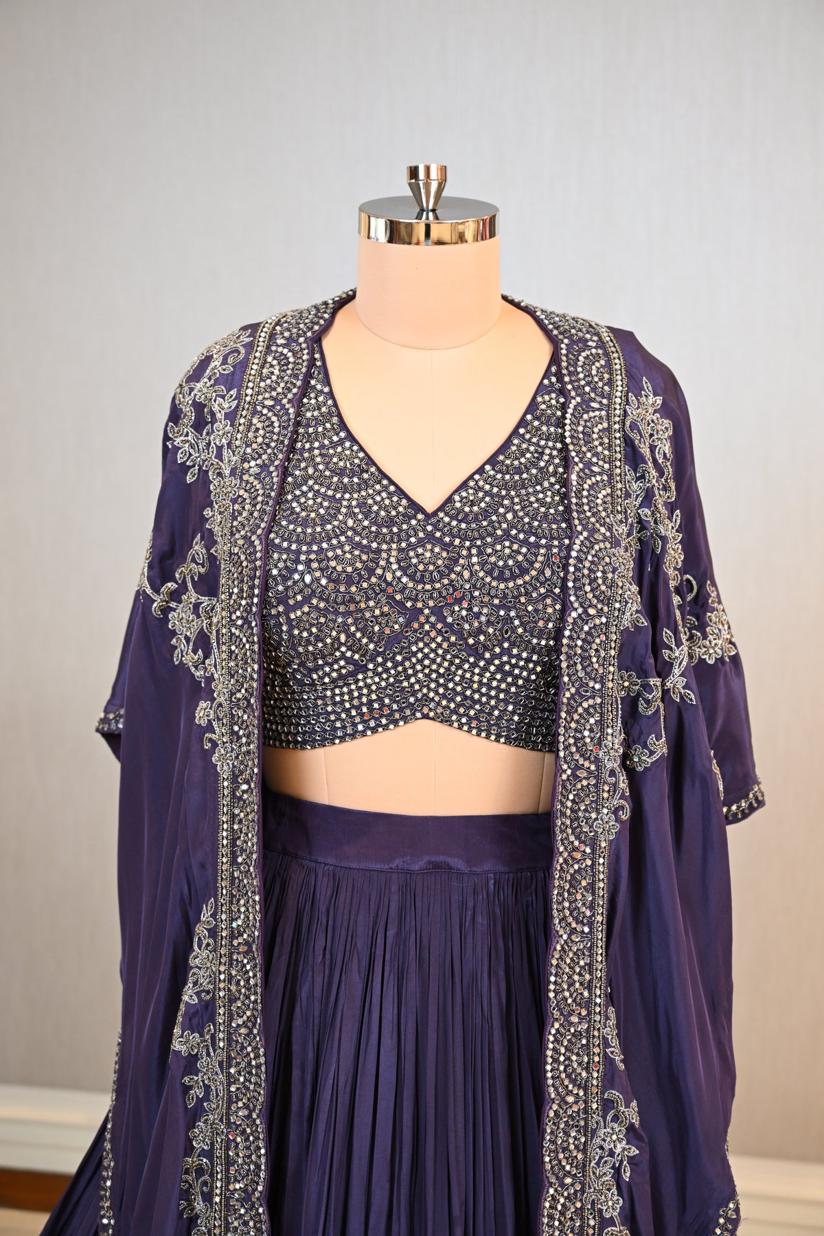 Crafted In Luxe Crepe Royal Purple Cape Lehenga Set