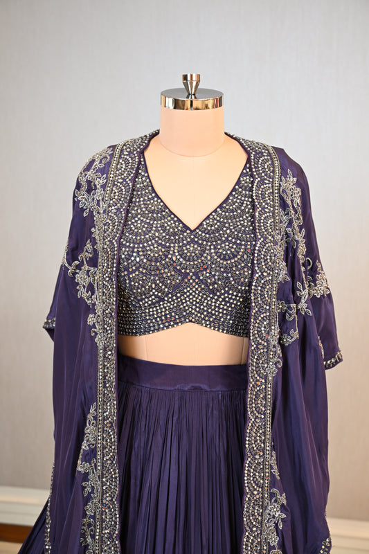 Crafted In Luxe Crepe Royal Purple Cape Lehenga Set