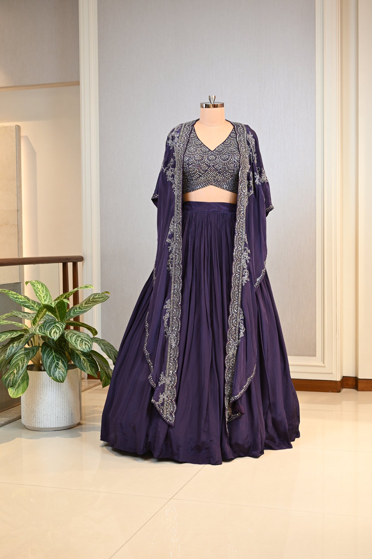 Crafted In Luxe Crepe Royal Purple Cape Lehenga Set