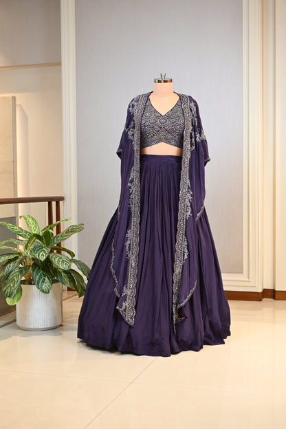 Crafted In Luxe Crepe Royal Purple Cape Lehenga Set