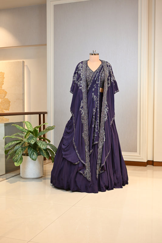 Crafted In Luxe Crepe Royal Purple Cape Lehenga Set