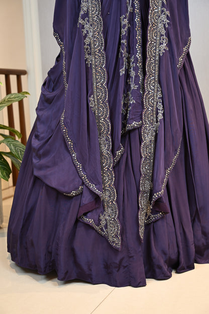 Crafted In Luxe Crepe Royal Purple Cape Lehenga Set