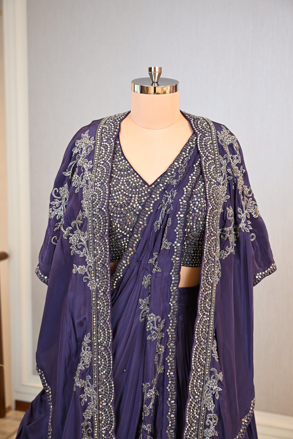 Crafted In Luxe Crepe Royal Purple Cape Lehenga Set