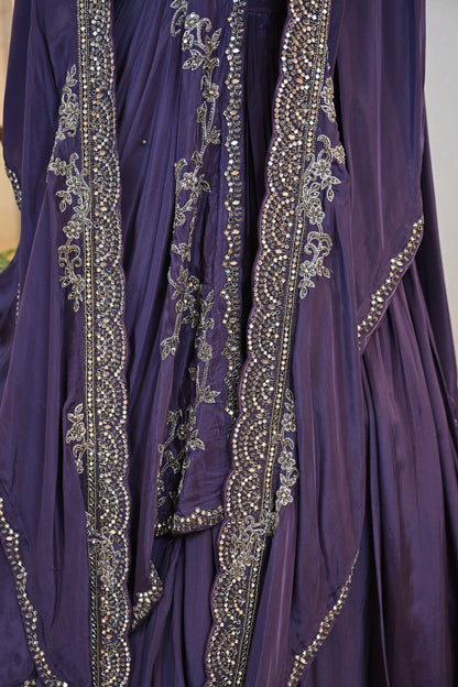 Crafted In Luxe Crepe Royal Purple Cape Lehenga Set