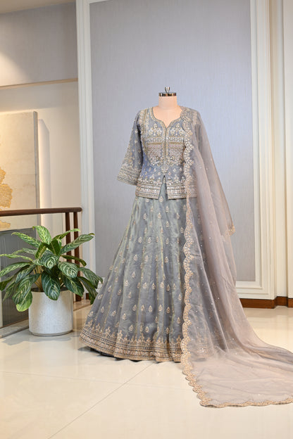 Grey Lehenga Set Crafted In Luxurious Crepe Shimmer