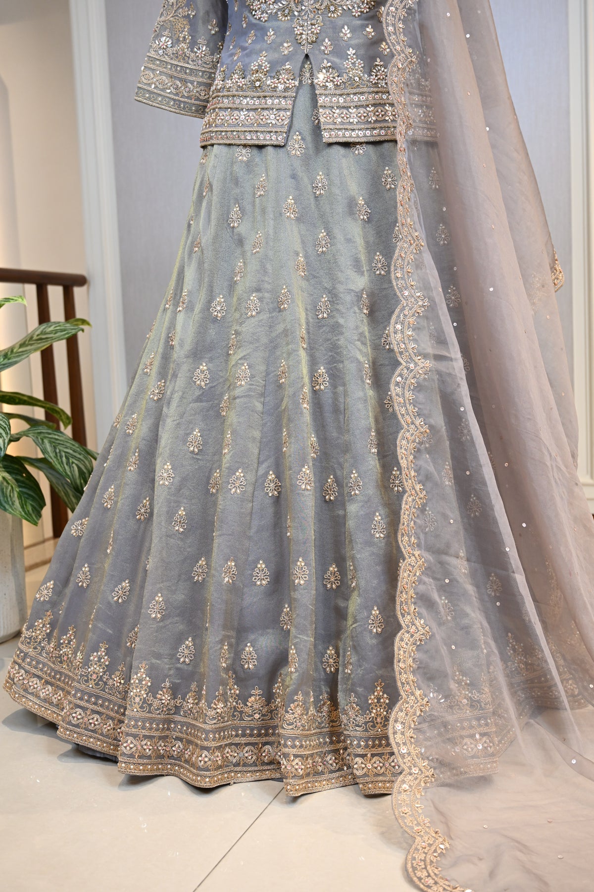 Grey Lehenga Set Crafted In Luxurious Crepe Shimmer