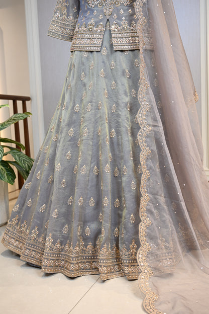 Grey Lehenga Set Crafted In Luxurious Crepe Shimmer