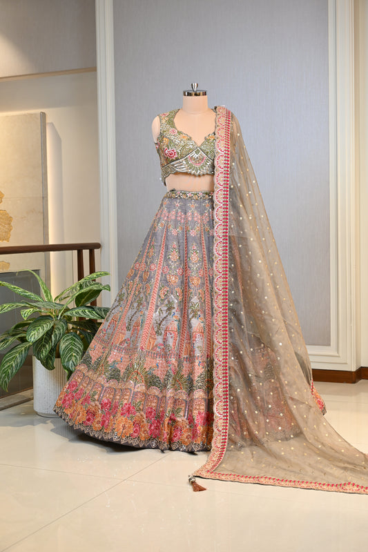 Crafted In Luxurious Grey Dupion Silk Lehenga Set