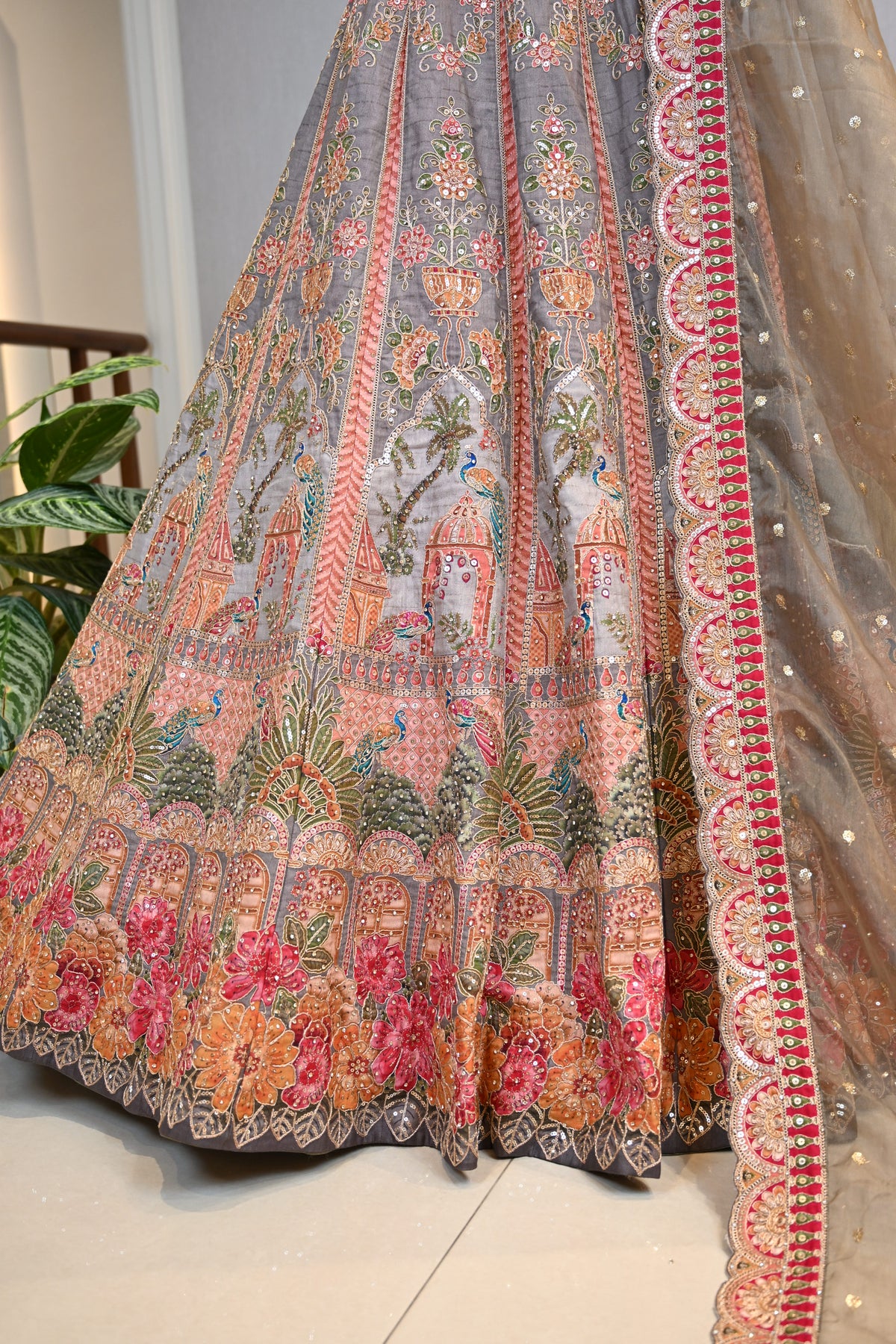 Crafted In Luxurious Grey Dupion Silk Lehenga Set