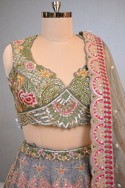 Crafted In Luxurious Grey Dupion Silk Lehenga Set