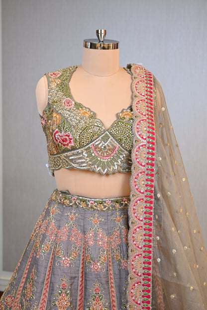 Crafted In Luxurious Grey Dupion Silk Lehenga Set