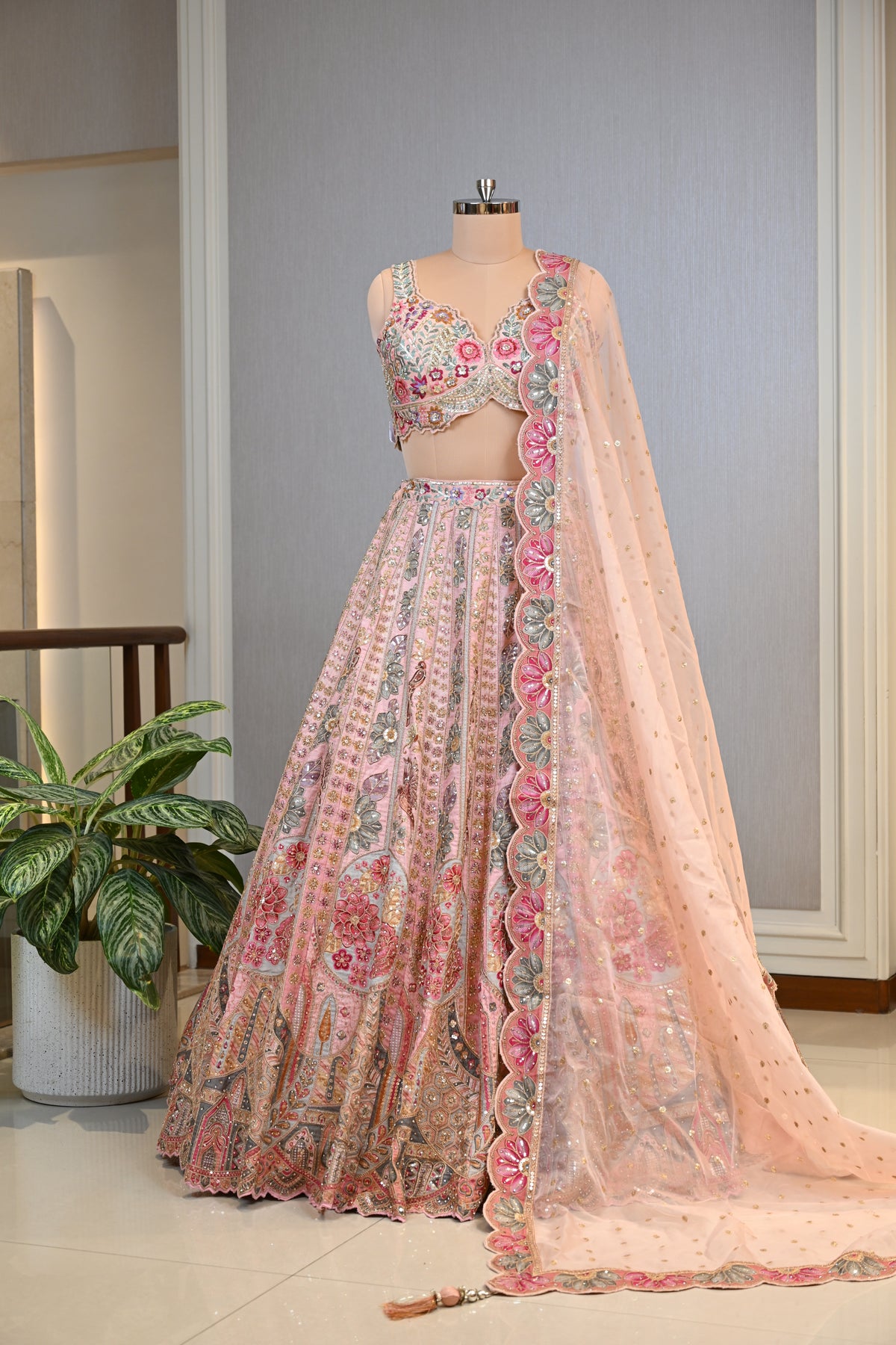 Graceful Peach Lehenga Set Crafted In Luxurious Dupion Silk