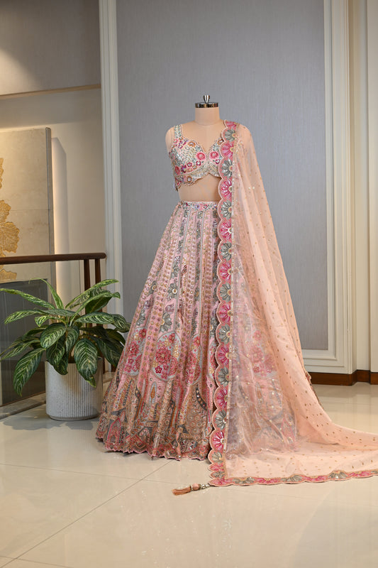 Graceful Peach Lehenga Set Crafted In Luxurious Dupion Silk