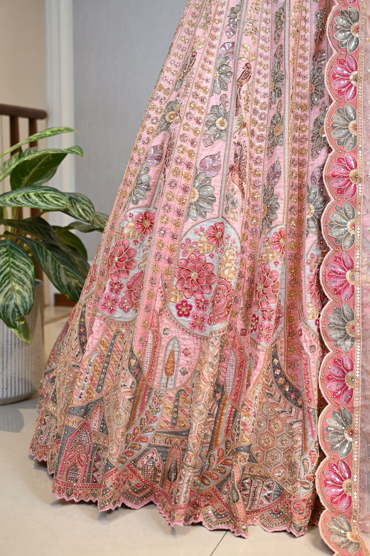 Graceful Peach Lehenga Set Crafted In Luxurious Dupion Silk