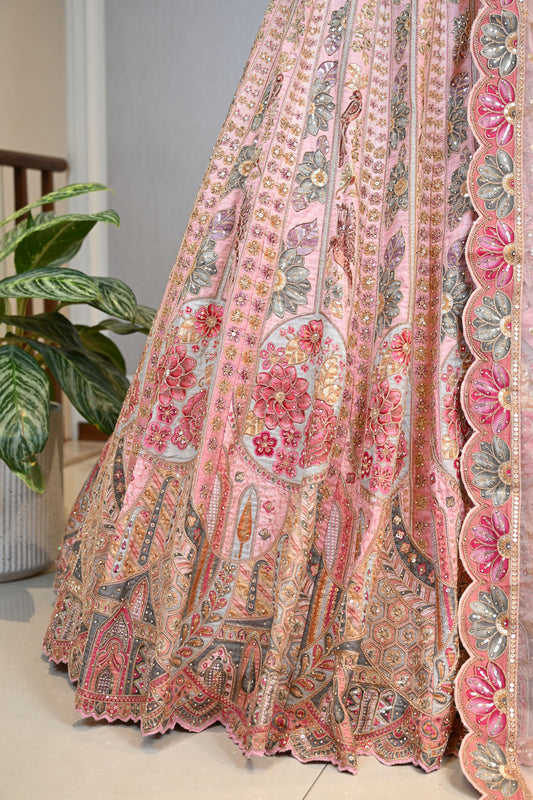 Graceful Peach Lehenga Set Crafted In Luxurious Dupion Silk