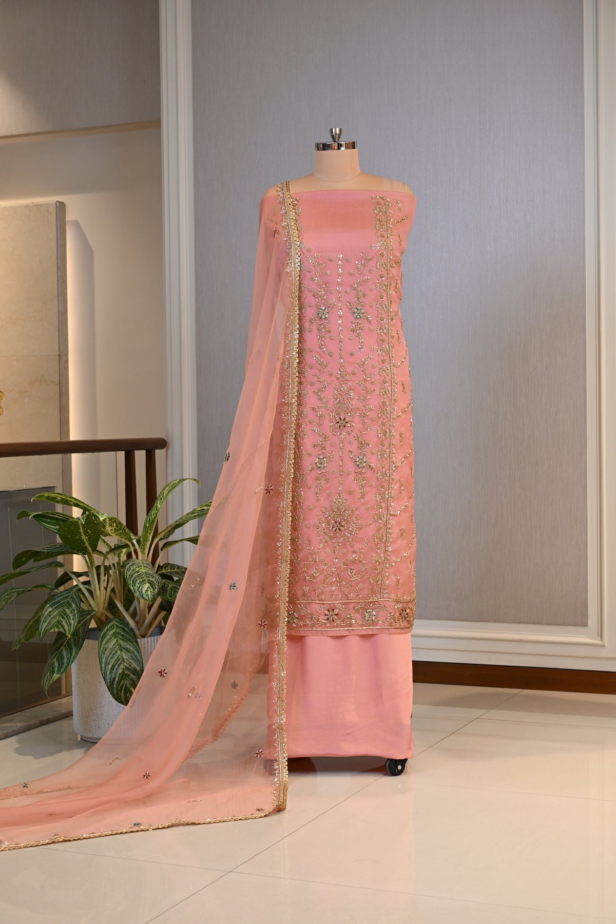 Elegant Organza Hand-Embroidered Suit Set