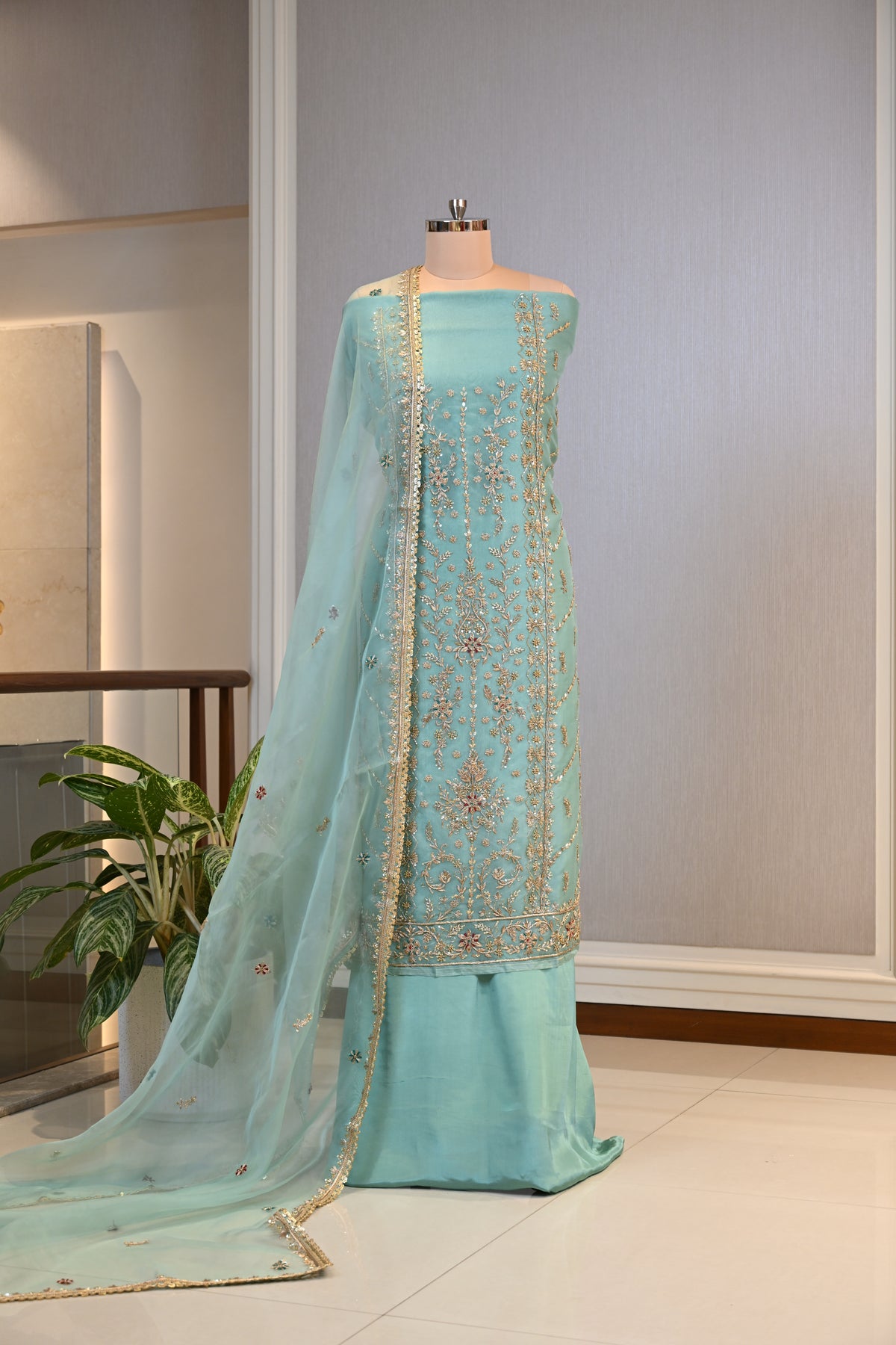 Elegant Organza Hand-Embroidered Suit Set