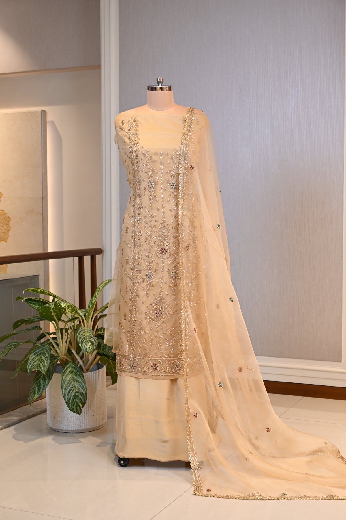 Elegant Organza Hand-Embroidered Suit Set
