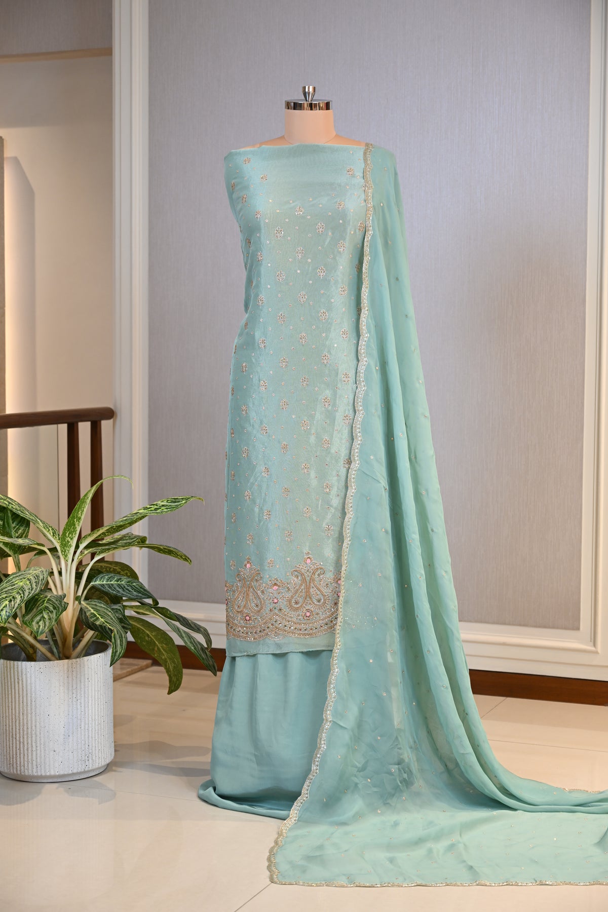 Shimmer Tissue Hand-Embroidered Suit Set