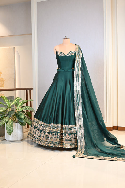 Bottle Green Silk Lehenga Choli with Sequence, Dori & Tilla Work