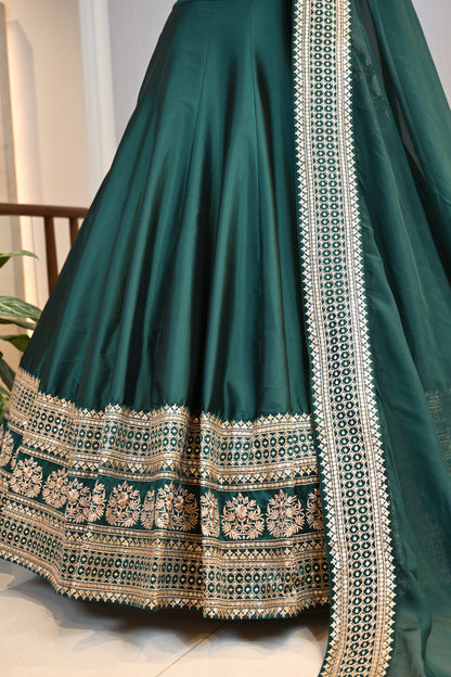 Bottle Green Silk Lehenga Choli with Sequence, Dori & Tilla Work