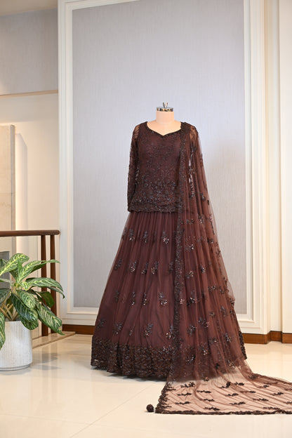 Elegant Brown Net Lehenga Choli with Tone-to-Tone Sequin Work