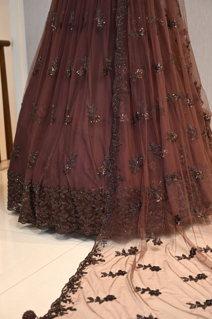 Elegant Brown Net Lehenga Choli with Tone-to-Tone Sequin Work