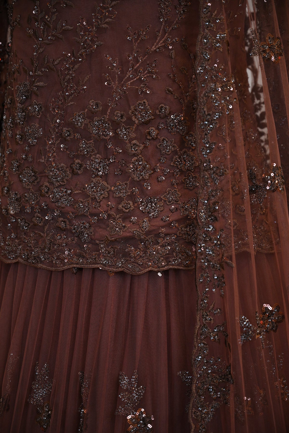 Elegant Brown Net Lehenga Choli with Tone-to-Tone Sequin Work