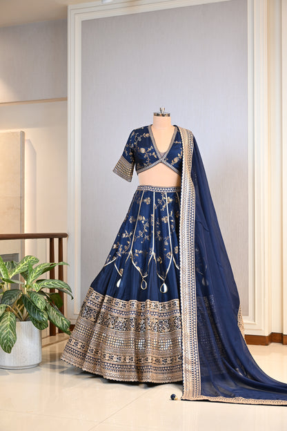 Regal Navy Blue Luxurious Bansari Silk Lehenga Set