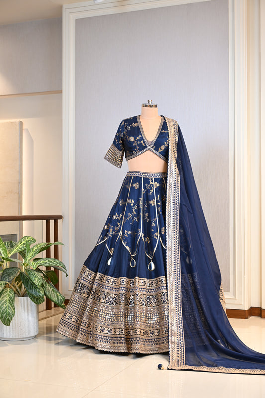 Regal Navy Blue Luxurious Bansari Silk Lehenga Set