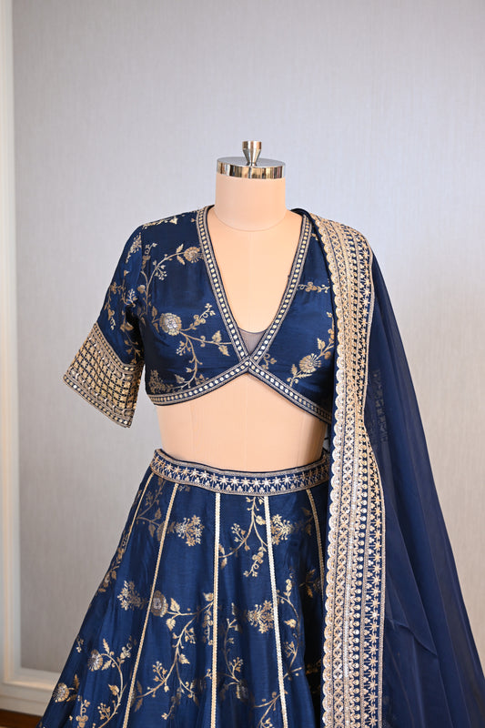 Regal Navy Blue Luxurious Bansari Silk Lehenga Set
