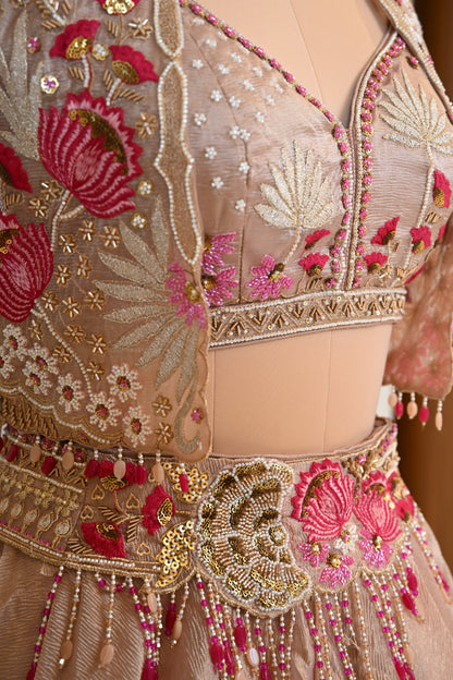 Elegant Powder Peach Tissue Lehenga Choli with Embellished Cape