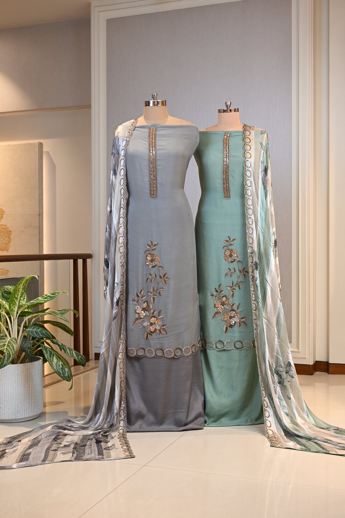 Organza Hand-Embroidered Suit Set with Printed Chinon Dupatta