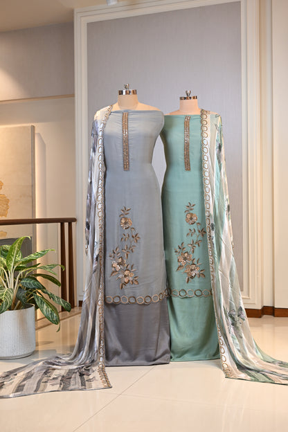 Organza Hand-Embroidered Suit Set with Printed Chinon Dupatta