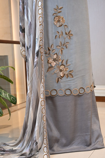 Organza Hand-Embroidered Suit Set with Printed Chinon Dupatta