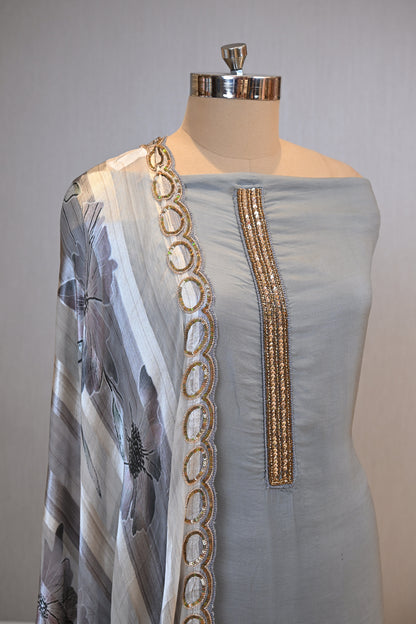 Organza Hand-Embroidered Suit Set with Printed Chinon Dupatta