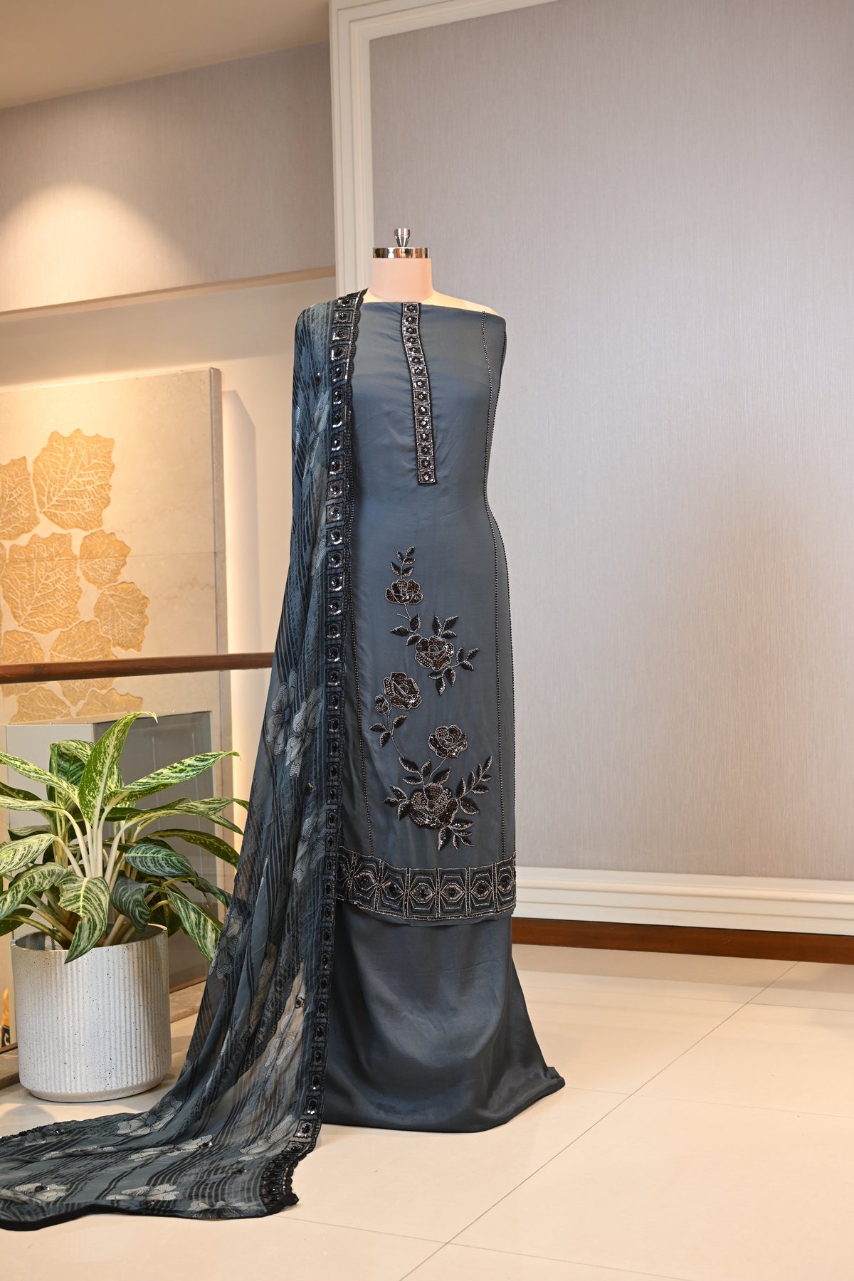 Elegant Hand-Embroidered Organza Suit Set
