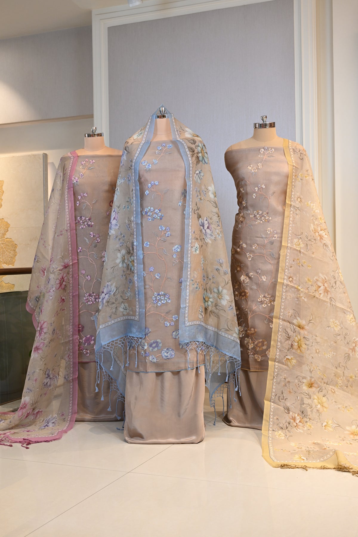 Elegant Organza Thread-Embroidered Suit Set