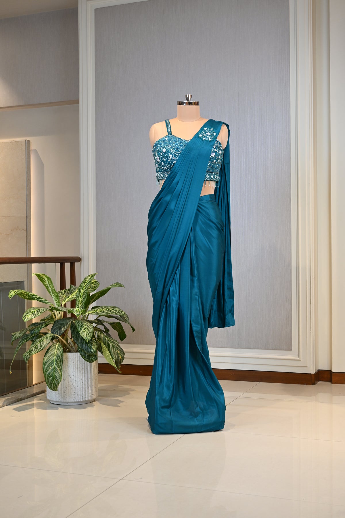 Crafted In Luxurious Chinnon Elegant Drape Saree